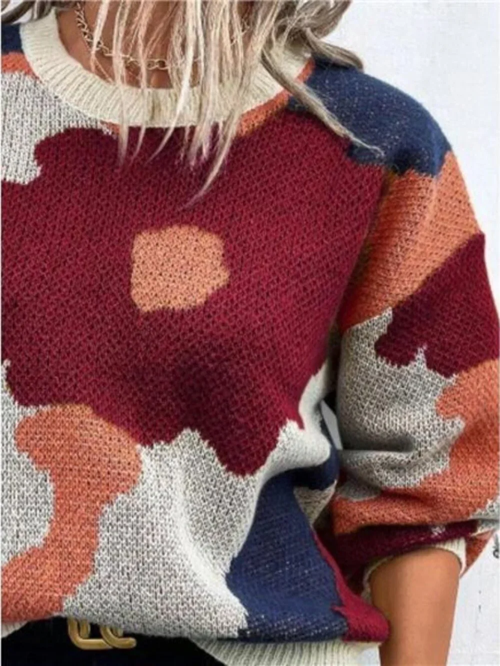 Floral Pattern Round Neck Sweater - Picture 3 of 16